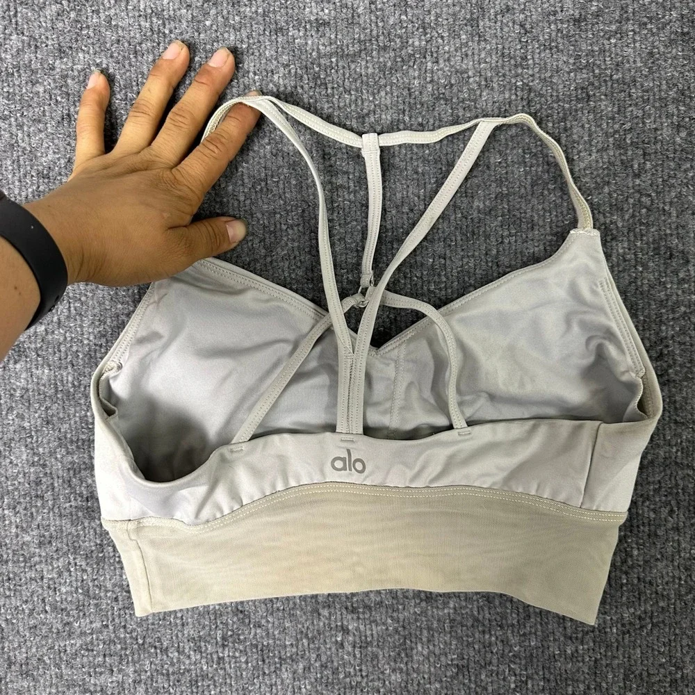 Alo Sports Bra Womens Size S White Strappy V-Neck Mesh Band Athletic Yoga Gym